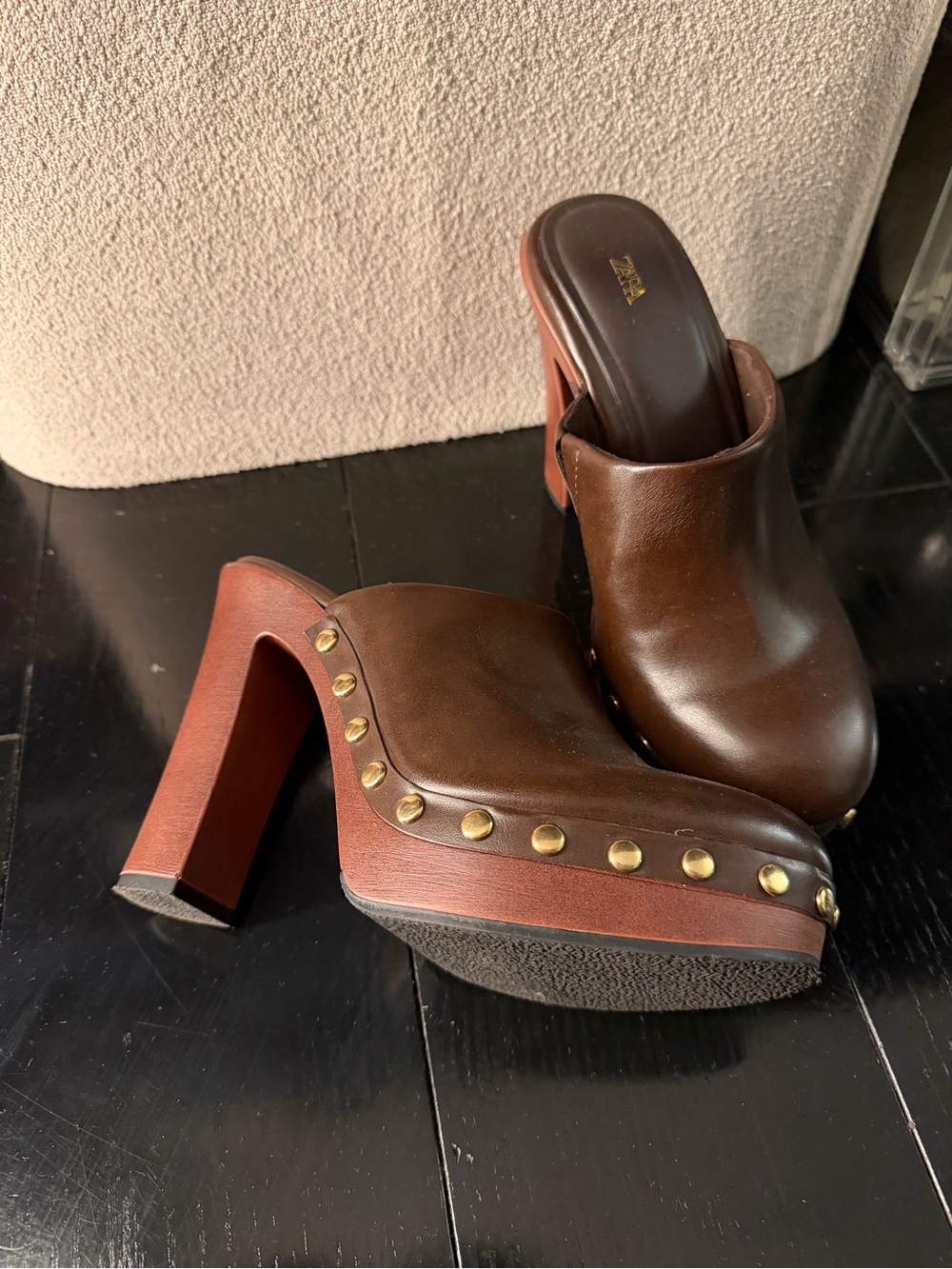 Zara Brown Leather High-Heel Clog Mules with Stud Detail size 36